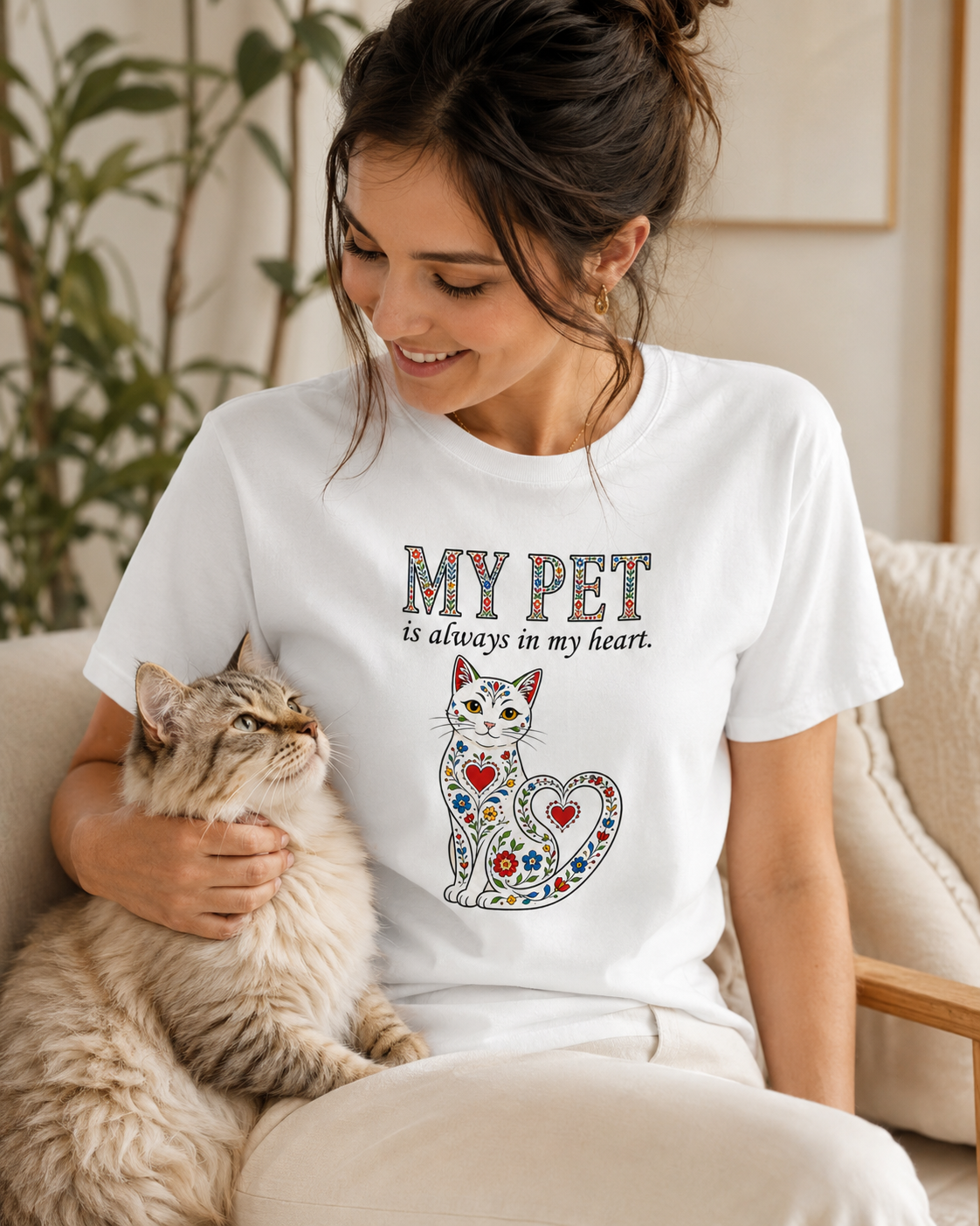 T-Shirt Premium Unissexo Branca "My Pet is always in my heart" - Cat – 100% Algodão Orgânico