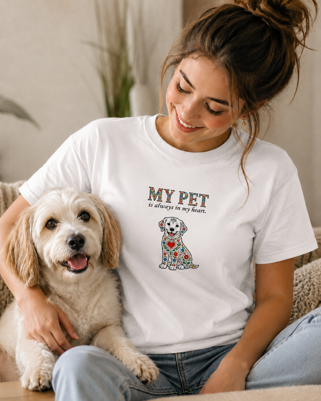 T-Shirt Premium Unissexo Branca "My Pet is always in my heart" - Dog – 100% Algodão Orgânico