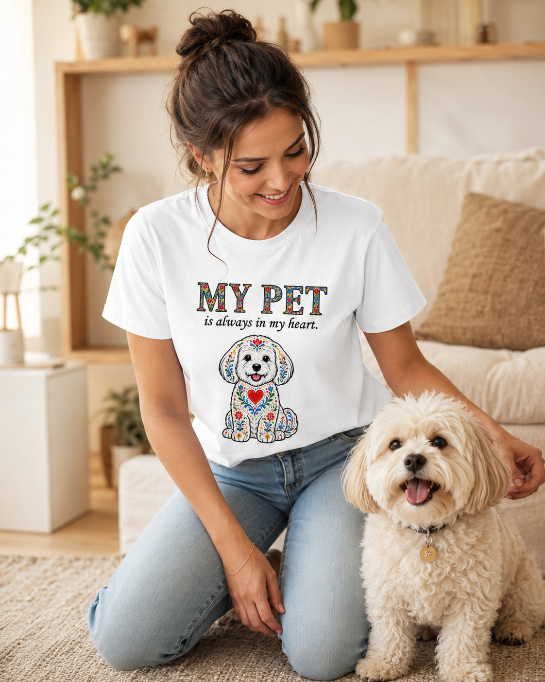 T-Shirt Premium Unissexo Branca "My Pet is always in my heart" - Small Dog – 100% Algodão Orgânico