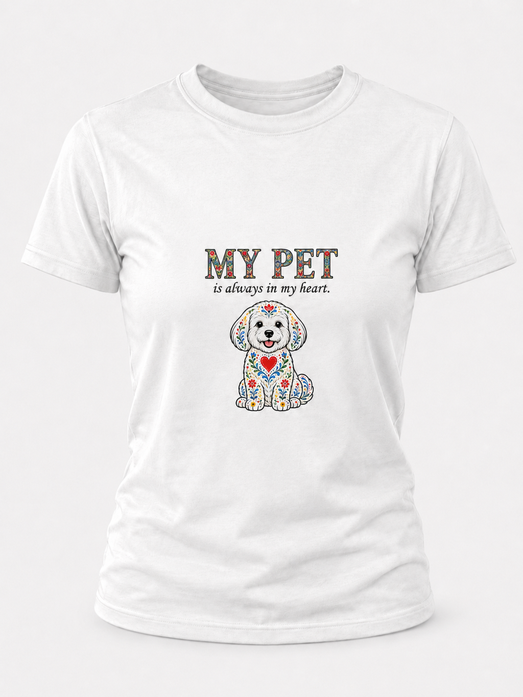 T-Shirt Premium Unissexo Branca "My Pet is always in my heart" - Small Dog – 100% Algodão Orgânico
