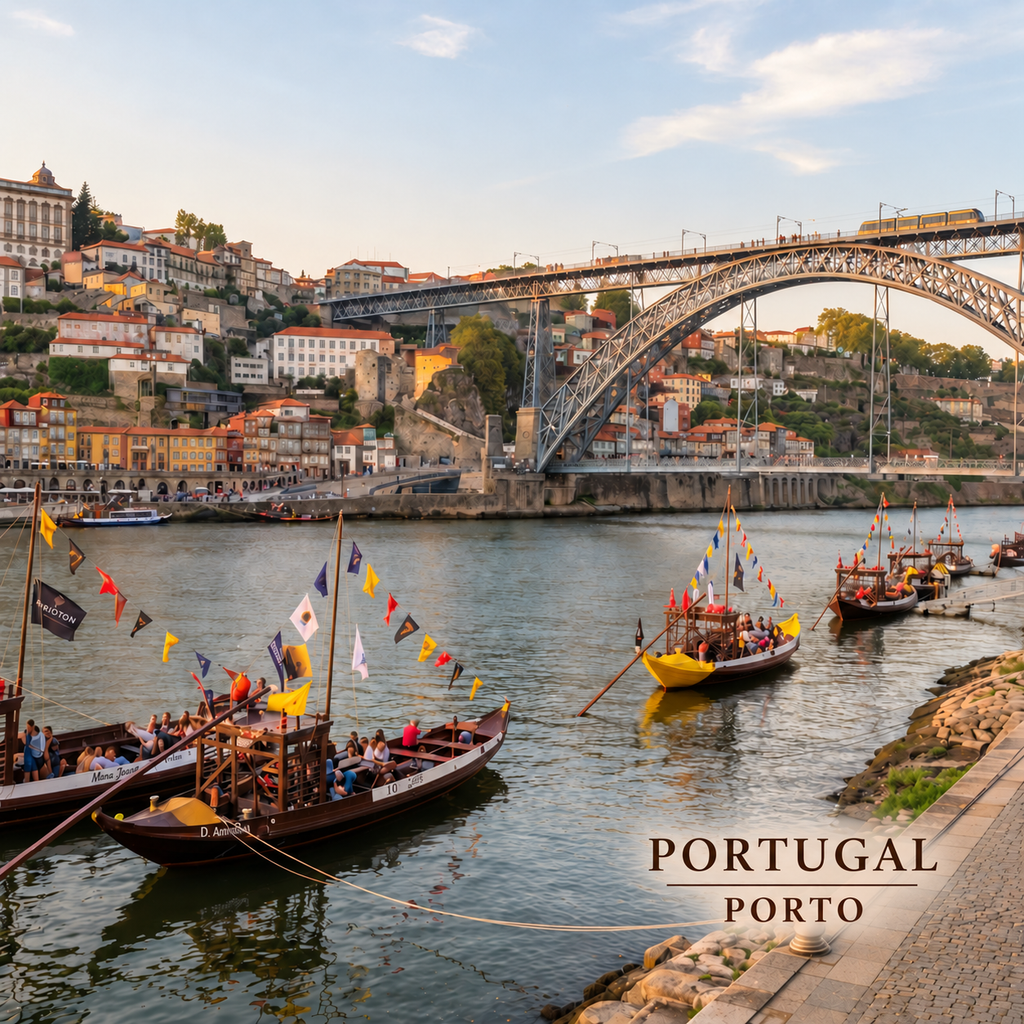 Base para copos PORTUGAL PORTO com barcos rabelos no rio Douro, a Ribeira e a Ponte D. Luís I ao fundo.