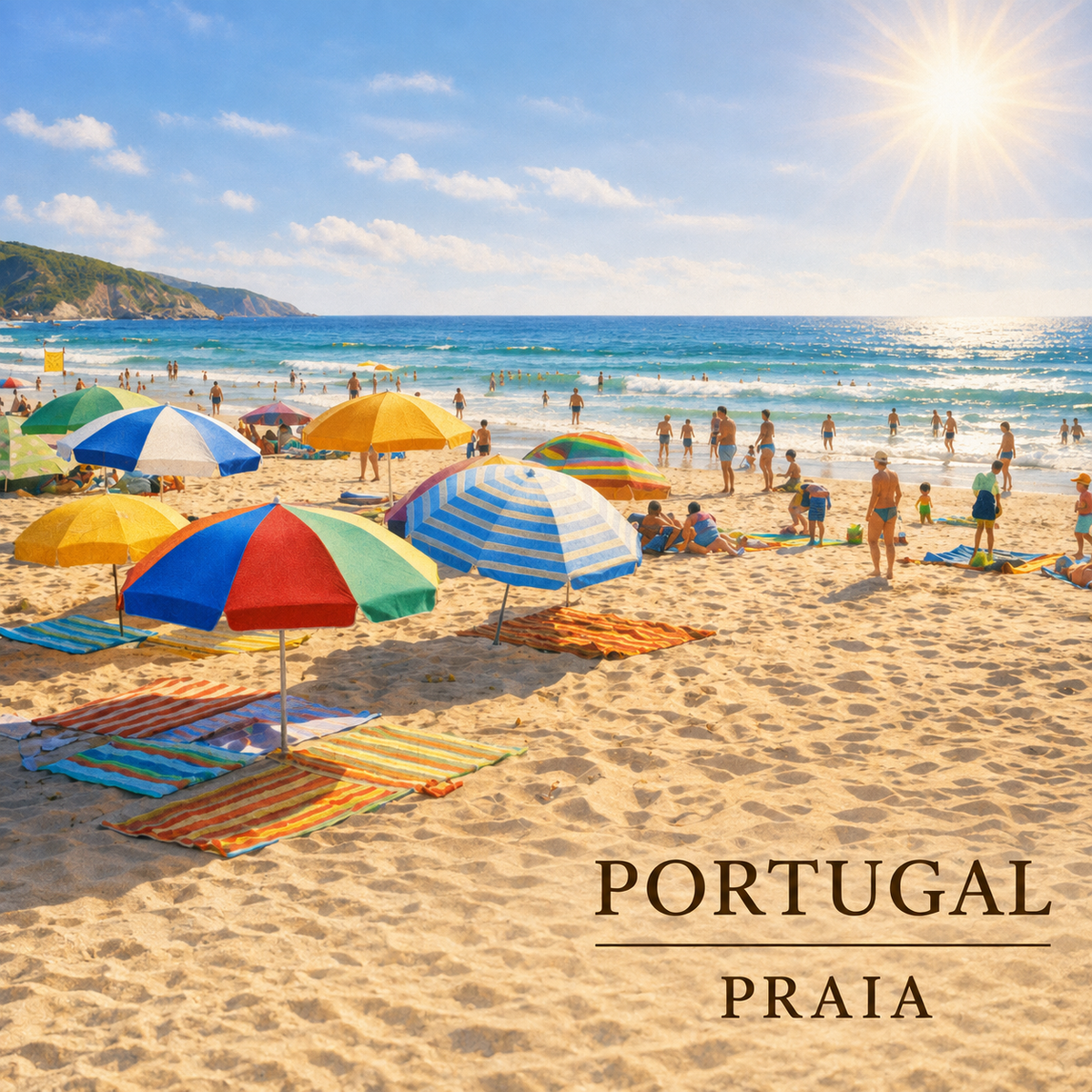 Base para copos PORTUGAL — PRAIA com mar, areia e guarda-sóis coloridos na costa portuguesa