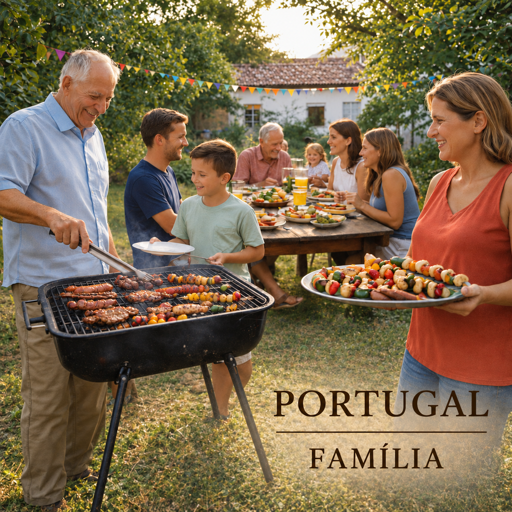 Base para copos PORTUGAL FAMÍLIA com várias gerações reunidas num churrasco ao ar livre.