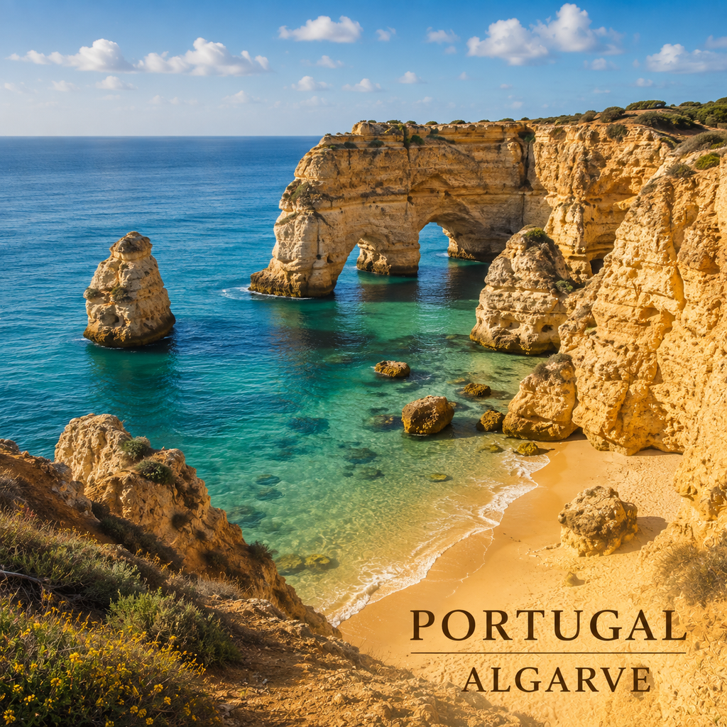 Base para copos PORTUGAL — ALGARVE com falésias douradas, praia e Oceano Atlântico