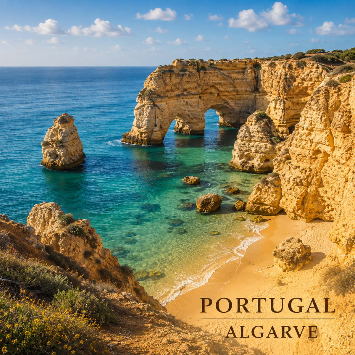 Base para copos PORTUGAL — ALGARVE com falésias douradas, praia e Oceano Atlântico