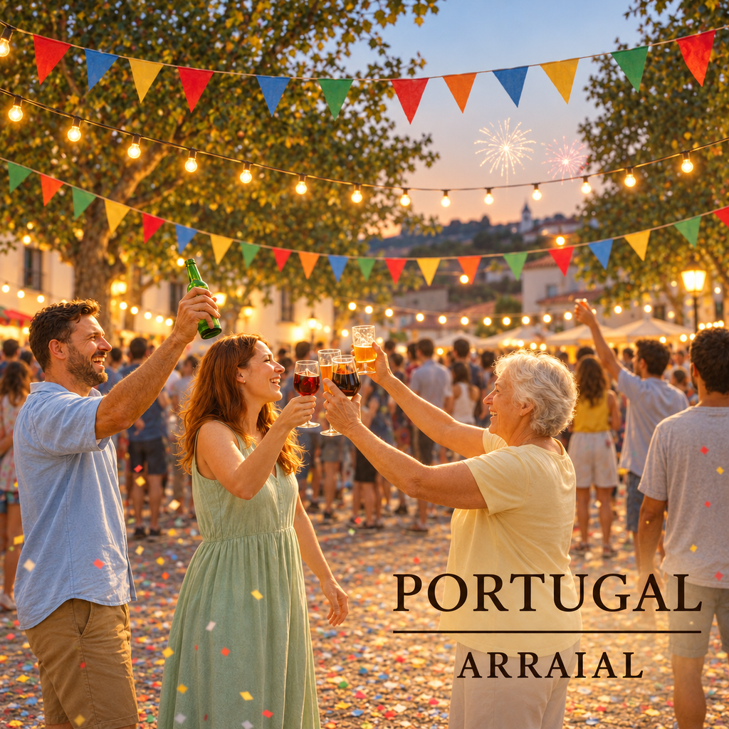 Base para copos PORTUGAL ARRAIAL com pessoas a brindar numa festa popular com bandeirolas e luzes.