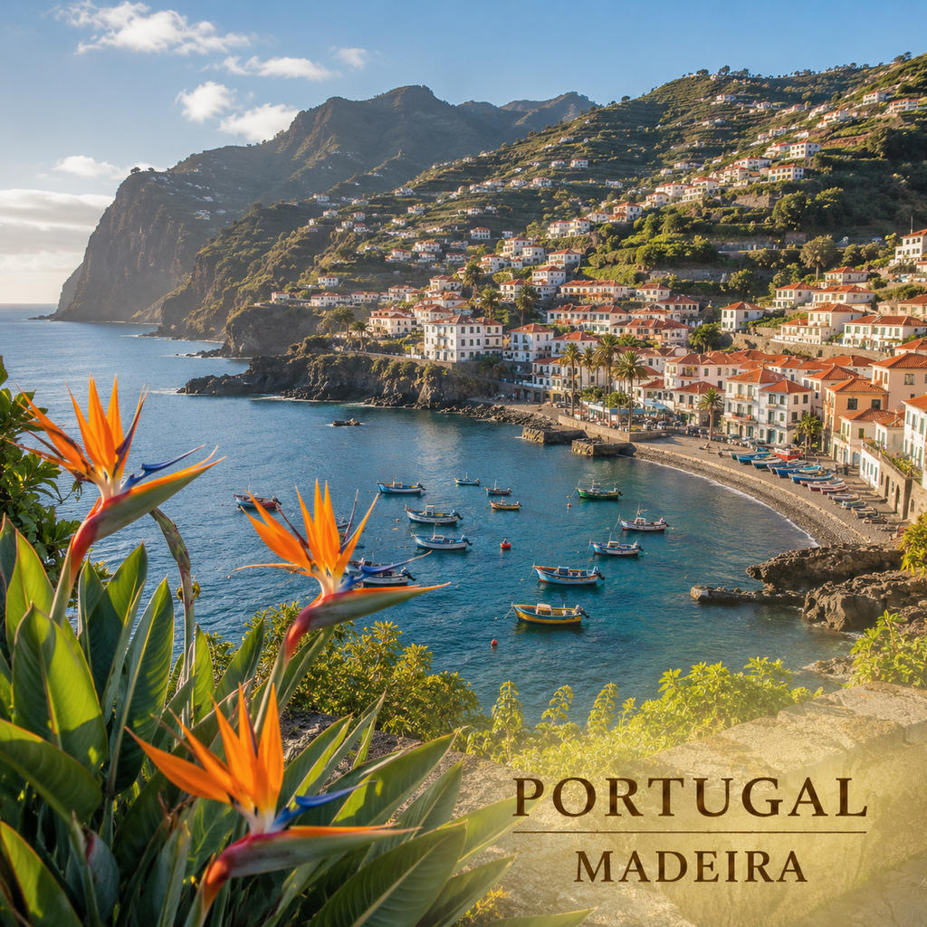 Base para copos PORTUGAL — MADEIRA com Baía de Câmara de Lobos e flor estrelícia
