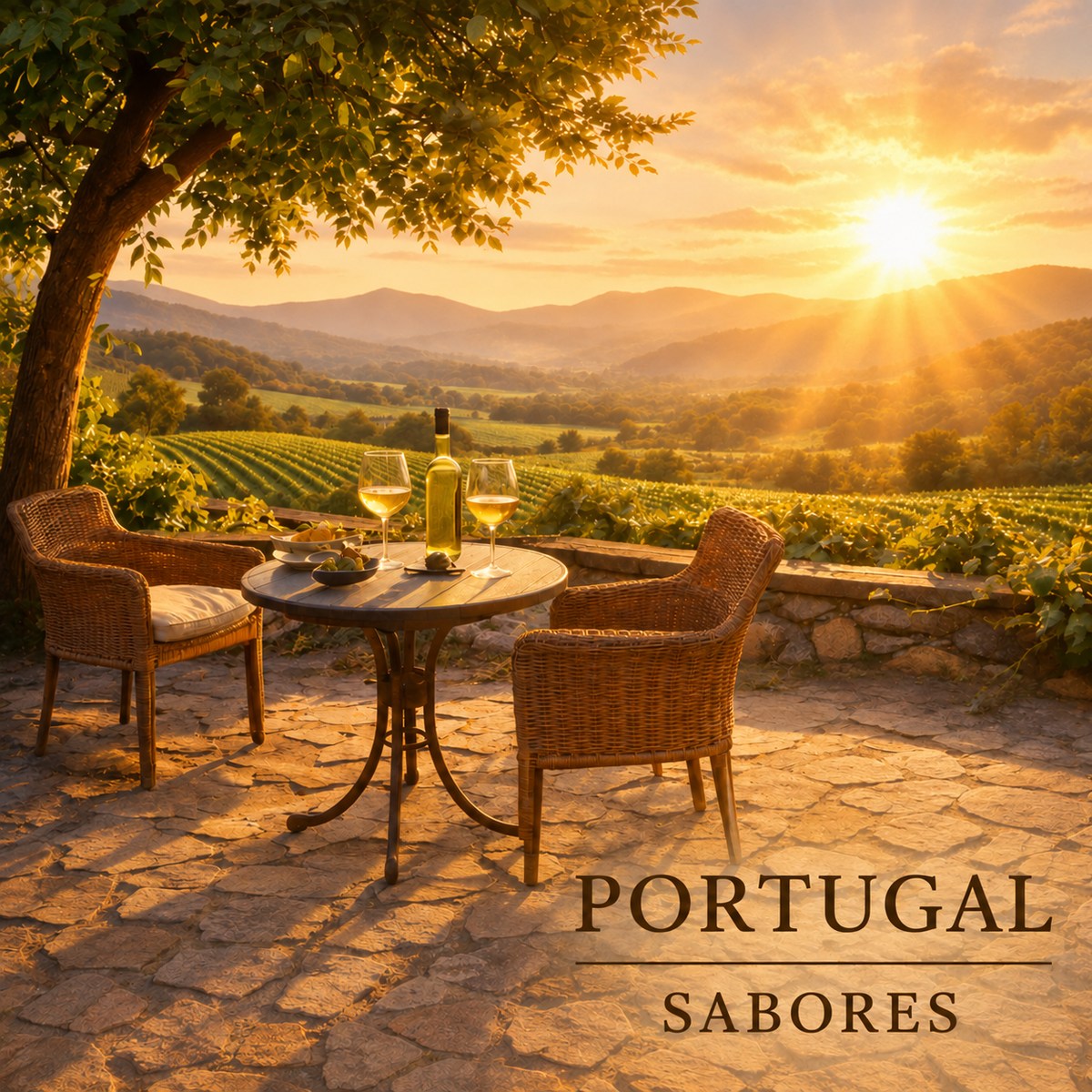 Base para copos PORTUGAL SABORES com vinho e petiscos numa mesa com vista para vinhas ao pôr do sol.