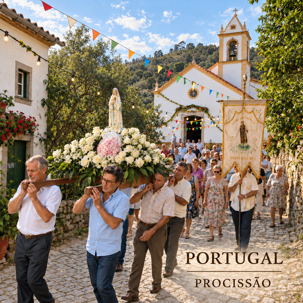 Base para copos PORTUGAL PROCISSÃO com andor florido e participantes junto a uma igreja numa aldeia.