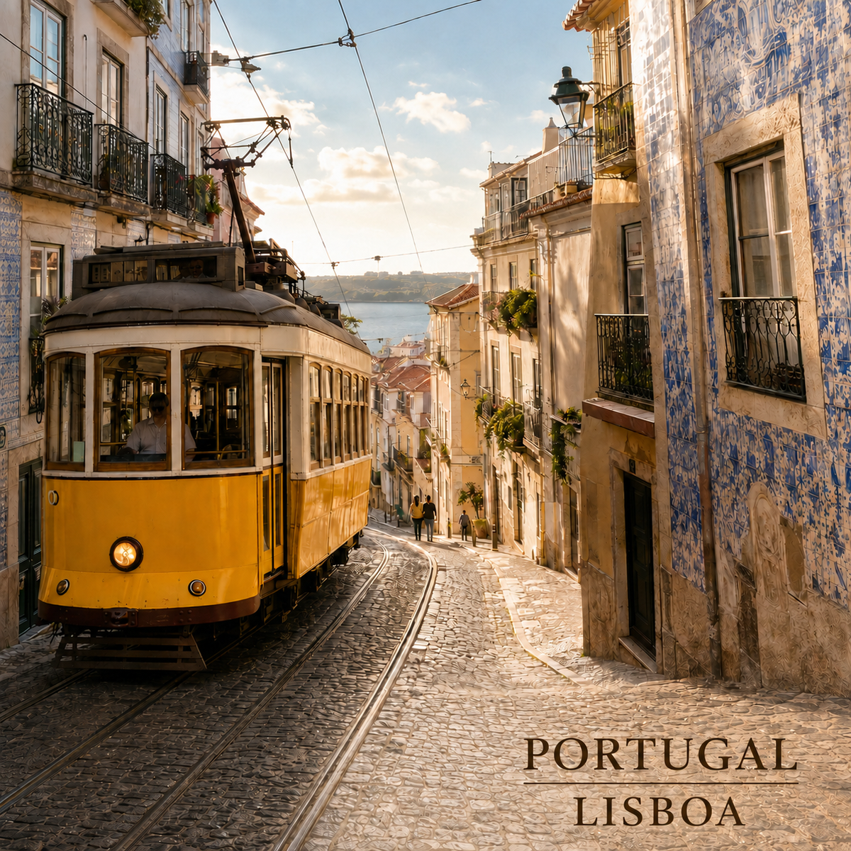 Base para copos PORTUGAL — LISBOA com elétrico amarelo numa rua histórica de Alfama