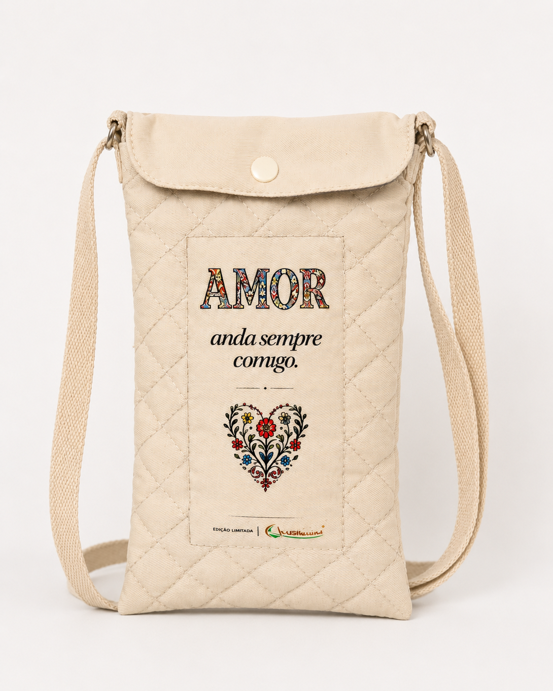 Bolsa Tiracolo para Telemóvel Acolchoada em Tecido Sustentável "AMOR" - Edição Limitada