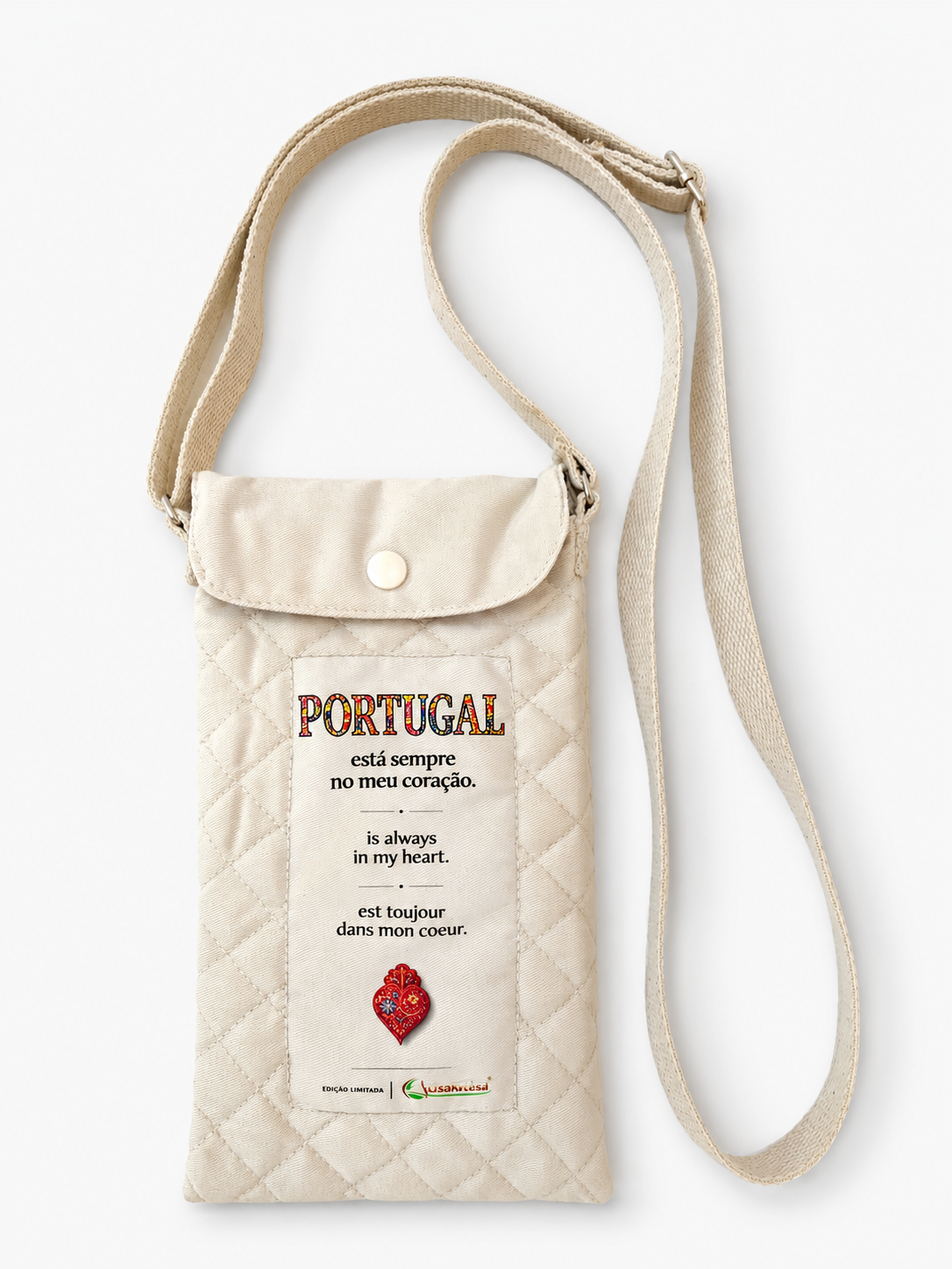 Sac bandoulière rembourré pour téléphone portable en tissu durable « PORTUGAL no coração » – Édition limitée