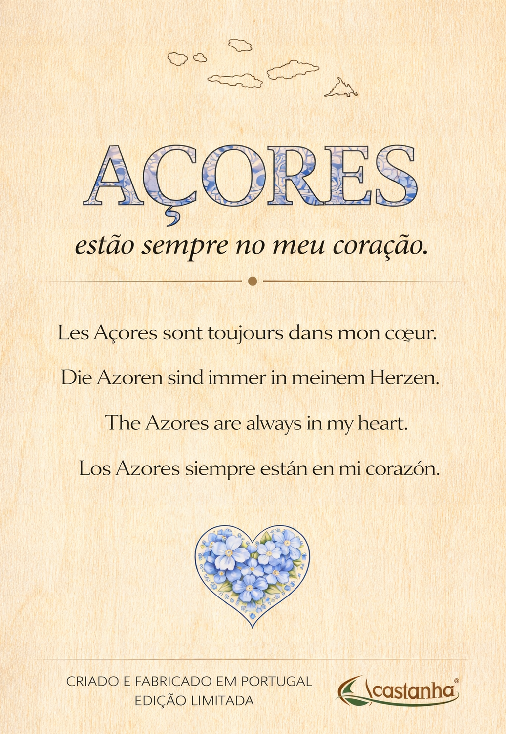 Placa Decorativa em Madeira - AÇORES no coração | Presente Premium